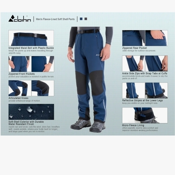 CLOTHIN MENS FLEECE LINED SOFT SHELL WINTER PANTS GREY SIZE 2XL SNOW RESORT - Picture 10 of 15